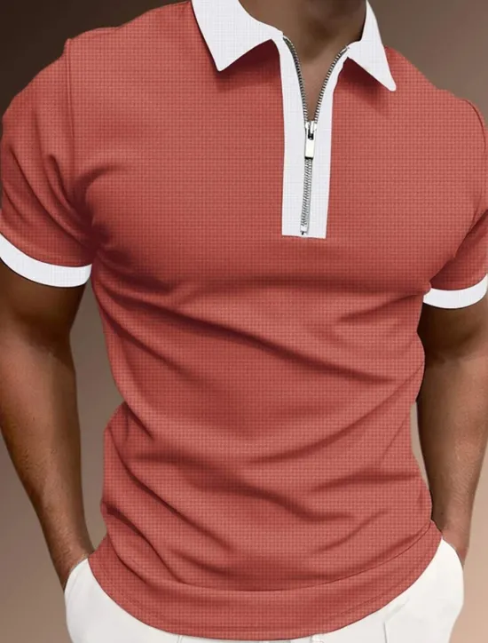 OUKU Men's Zip Polo Polo Shirt Casual Holiday Lapel Quarter Zip Short Sleeve Fashion Basic Plain Quarter Zip Summer Regular Fit Black White Pink Red Brown Dark Grey Zip Polo
