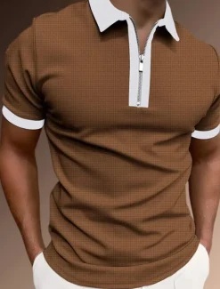 OUKU Men's Zip Polo Polo Shirt Casual Holiday Lapel Quarter Zip Short Sleeve Fashion Basic Plain Quarter Zip Summer Regular Fit Black White Pink Red Brown Dark Grey Zip Polo