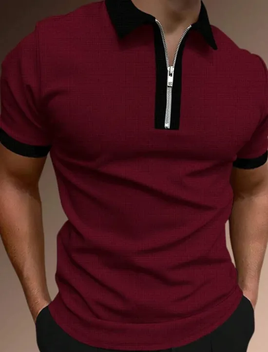 OUKU Men's Zip Polo Polo Shirt Casual Holiday Lapel Quarter Zip Short Sleeve Fashion Basic Plain Quarter Zip Summer Regular Fit Black White Pink Red Brown Dark Grey Zip Polo