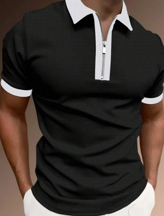 OUKU Men's Zip Polo Polo Shirt Casual Holiday Lapel Quarter Zip Short Sleeve Fashion Basic Plain Quarter Zip Summer Regular Fit Black White Pink Red Brown Dark Grey Zip Polo