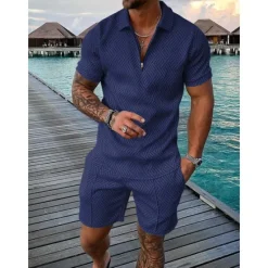 Discount OUKU Men's Zip Polo Tee Set 2 Piece Summer Tracksuit Set Tee & Shorts Short Sleeve Polo Collar Casual Zip Up Casual Daily Lemon Pink Black Top Tee for Men