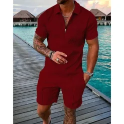Discount OUKU Men's Zip Polo Tee Set 2 Piece Summer Tracksuit Set Tee & Shorts Short Sleeve Polo Collar Casual Zip Up Casual Daily Lemon Pink Black Top Tee for Men