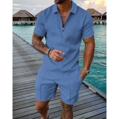 Discount OUKU Men's Zip Polo Tee Set 2 Piece Summer Tracksuit Set Tee & Shorts Short Sleeve Polo Collar Casual Zip Up Casual Daily Lemon Pink Black Top Tee for Men