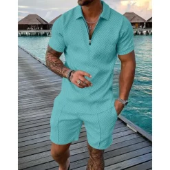 Discount OUKU Men's Zip Polo Tee Set 2 Piece Summer Tracksuit Set Tee & Shorts Short Sleeve Polo Collar Casual Zip Up Casual Daily Lemon Pink Black Top Tee for Men