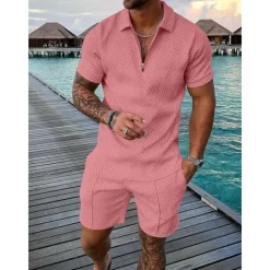 Discount OUKU Men's Zip Polo Tee Set 2 Piece Summer Tracksuit Set Tee & Shorts Short Sleeve Polo Collar Casual Zip Up Casual Daily Lemon Pink Black Top Tee for Men