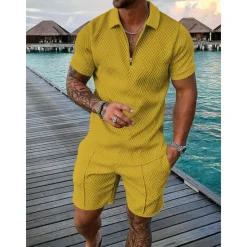 Discount OUKU Men's Zip Polo Tee Set 2 Piece Summer Tracksuit Set Tee & Shorts Short Sleeve Polo Collar Casual Zip Up Casual Daily Lemon Pink Black Top Tee for Men