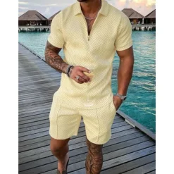 Discount OUKU Men's Zip Polo Tee Set 2 Piece Summer Tracksuit Set Tee & Shorts Short Sleeve Polo Collar Casual Zip Up Casual Daily Lemon Pink Black Top Tee for Men