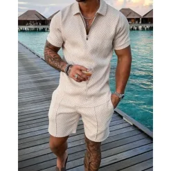 Discount OUKU Men's Zip Polo Tee Set 2 Piece Summer Tracksuit Set Tee & Shorts Short Sleeve Polo Collar Casual Zip Up Casual Daily Lemon Pink Black Top Tee for Men