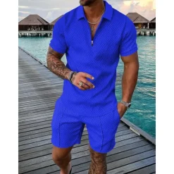 Discount OUKU Men's Zip Polo Tee Set 2 Piece Summer Tracksuit Set Tee & Shorts Short Sleeve Polo Collar Casual Zip Up Casual Daily Lemon Pink Black Top Tee for Men