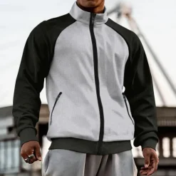 OUKU Men's Zip Up Hoodie Full Zip Hoodie Zip Hoodie Sweatshirt Zip Up Hoodies White Brown Khaki Gray Standing Collar Color Block Plain Zip Up Patchwork Sports & Outdoor Daily Holiday Streetwear Basic