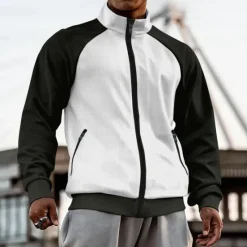 OUKU Men's Zip Up Hoodie Full Zip Hoodie Zip Hoodie Sweatshirt Zip Up Hoodies White Brown Khaki Gray Standing Collar Color Block Plain Zip Up Patchwork Sports & Outdoor Daily Holiday Streetwear Basic