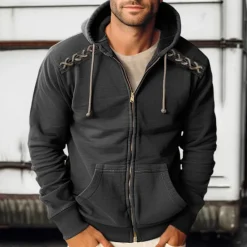 Discount OUKU Men's Zip Up Hoodie Zip Up Hoodies Black Army Green Navy Blue Hooded Plain Zip Up Lace up Sports & Outdoor Daily Holiday Polyester Streetwear Cool Casual Spring & Fall Clothing Apparel Hoodies