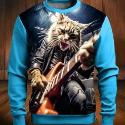 Hot OUKU Music Festival Men's Color Block Cat Funny Sweatshirts Golf Pullover Sweatshirt Long Sleeve Sweatshirt Crew Neck Fashion Daily Casual 3D Print Vacation Holiday Going out Print Spring & Fall