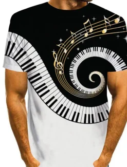 Discount OUKU Music Festival Men's 3D Musical Instrument Shirt T Shirt Tee Short Sleeve T shirt 3D Print Round Neck Shirt Designer Casual Big and Tall Daily Holiday Summer Clothing Apparel S M L XL XXL Black-White