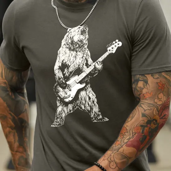 Sale OUKU Music Festival Men's Graphic Bear T Shirt Casual Style 100% Cotton Short Sleeve Graphic Shirt Black Navy Blue Dark Gray Comfortable Tee Street Holiday Fashion Designer Clothing
