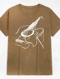 Discount OUKU Music Festival Men's Guitar Shirt T Shirt Cotton Short Sleeve Graphic Shirt Dark Grey Heather Gray Black Comfortable Tee Casual Holiday Fashion Designer Clothing