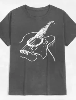 Discount OUKU Music Festival Men's Guitar Shirt T Shirt Cotton Short Sleeve Graphic Shirt Dark Grey Heather Gray Black Comfortable Tee Casual Holiday Fashion Designer Clothing