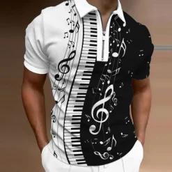 Online OUKU Music Festival Men's Music Zip Polo Shirts Golf Shirt Short Sleeve Polo Shirts Collared Shirts Casual Vacation Wear Festival Wear Party Outfits 3D Print Quarter Zip Polo Black White Blue