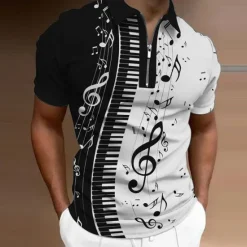 Online OUKU Music Festival Men's Music Zip Polo Shirts Golf Shirt Short Sleeve Polo Shirts Collared Shirts Casual Vacation Wear Festival Wear Party Outfits 3D Print Quarter Zip Polo Black White Blue