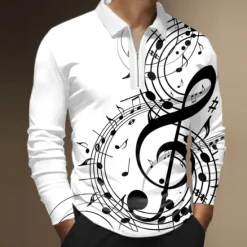 Outlet OUKU Music Festival Men's Music Zip Polo Shirts Golf Shirt Long Sleeve Polo Shirts Collared Shirts Casual Vacation Wear Festival Wear Party Outfits 3D Print Quarter Zip Polo Black White Wine