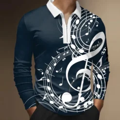 Outlet OUKU Music Festival Men's Music Zip Polo Shirts Golf Shirt Long Sleeve Polo Shirts Collared Shirts Casual Vacation Wear Festival Wear Party Outfits 3D Print Quarter Zip Polo Black White Wine
