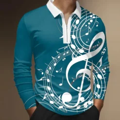Outlet OUKU Music Festival Men's Music Zip Polo Shirts Golf Shirt Long Sleeve Polo Shirts Collared Shirts Casual Vacation Wear Festival Wear Party Outfits 3D Print Quarter Zip Polo Black White Wine