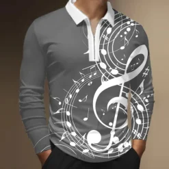 Outlet OUKU Music Festival Men's Music Zip Polo Shirts Golf Shirt Long Sleeve Polo Shirts Collared Shirts Casual Vacation Wear Festival Wear Party Outfits 3D Print Quarter Zip Polo Black White Wine