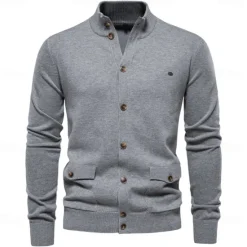 Best OUKU New Mens Knit Stand Mock Neck Cotton Cardigan Casual Social Autumn Button-up Sweater Jacket for Men