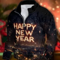 Clearance OUKU New Year Men's Graphic Happy New Year Hoodies Daily Casual Long Sleeve Stand Collar Vacation New Year Going out Print Winter Spring & Fall Designer Black