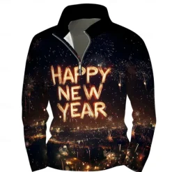 Clearance OUKU New Year Men's Graphic Happy New Year Hoodies Daily Casual Long Sleeve Stand Collar Vacation New Year Going out Print Winter Spring & Fall Designer Black