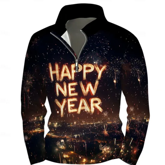 Clearance OUKU New Year Men's Graphic Happy New Year Hoodies Daily Casual Long Sleeve Stand Collar Vacation New Year Going out Print Winter Spring & Fall Designer Black