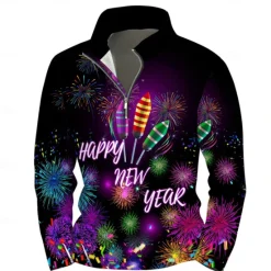 OUKU New Year Men's Graphic Happy New Year Hoodies Daily Casual Long Sleeve Stand Collar Vacation Going out Streetwear Print Spring & Fall Designer Black