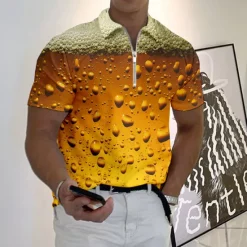 Discount OUKU Oktoberfest Men's Polo Shirt Lapel Polo Zip Polo Golf Shirt Graphic Prints Beer Turndown Blue-Green Yellow Wine Blue Green Outdoor Street Short Sleeves Zipper Print Clothing Apparel Fashion Designer