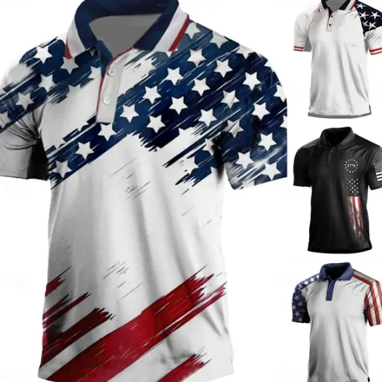 Best OUKU Men's American Flag Veterans Polo Shirts Golf Shirt Short Sleeve Polo Shirts Collared Shirts Casual Streetwear Vacation Wear Party Outfits Buttons 3D Print White & Blue Black White