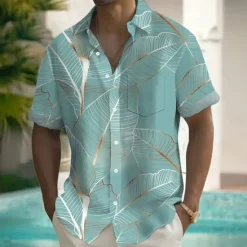 Discount OUKU Men's Palm Leaf Tropical Plants Summer Hawaiian Shirt Button Up Shirt Short Sleeve Hawaiian Resort Vacation Holiday Beach Wear Summer Spring Turndown Collared Shirts Front One Pocket Pink Blue