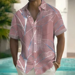 Discount OUKU Men's Palm Leaf Tropical Plants Summer Hawaiian Shirt Button Up Shirt Short Sleeve Hawaiian Resort Vacation Holiday Beach Wear Summer Spring Turndown Collared Shirts Front One Pocket Pink Blue