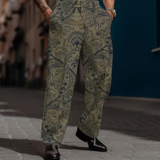 Online OUKU Paisley Vintage Men's 3D Print Dress Pants Pants Trousers Outdoor Street Wear to work Polyester Black White Blue S M L High Elasticity Pants