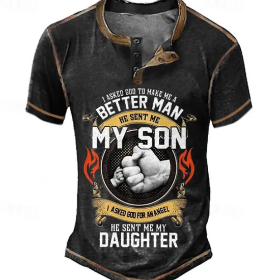 Outlet OUKU Papa Shirts Mens Graphic Shirt Asked God To Make Better Man Sent My Son For Angel Daughter Vintage 3D | Blue Summer Cotton Henley Tee Father'S