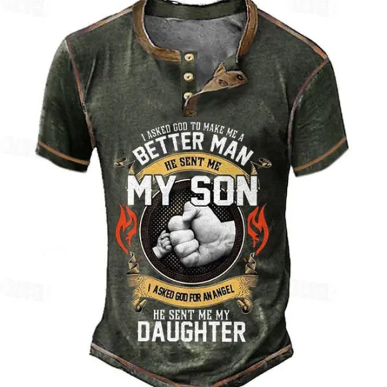Outlet OUKU Papa Shirts Mens Graphic Shirt Asked God To Make Better Man Sent My Son For Angel Daughter Vintage 3D | Blue Summer Cotton Henley Tee Father'S