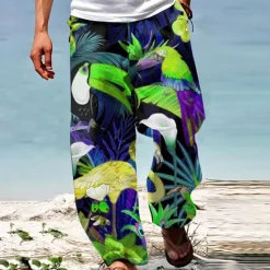 Online OUKU Parrot Tropical Hawaiian Men's Resort 3D Printed Casual Pants Trousers Loose Fit Straight-Leg Elastic Waist Drawstring Polyester Aloha Hawaiian Summer Beach Pants S TO 3XL