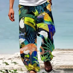 Online OUKU Parrot Tropical Hawaiian Men's Resort 3D Printed Casual Pants Trousers Loose Fit Straight-Leg Elastic Waist Drawstring Polyester Aloha Hawaiian Summer Beach Pants S TO 3XL