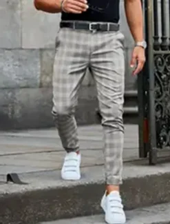 Best OUKU Plaid Business Men's 3D Print Pants Trousers Outdoor Daily Wear Streetwear Polyester Black Blue Khaki S M L Medium Waist Elasticity Pants