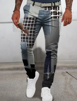 Outlet OUKU Plaid Geometry Casual Men's 3D Print Pants Trousers Outdoor Daily Wear Streetwear Polyester Blue Brown Green S M L Medium Waist Elasticity Pants