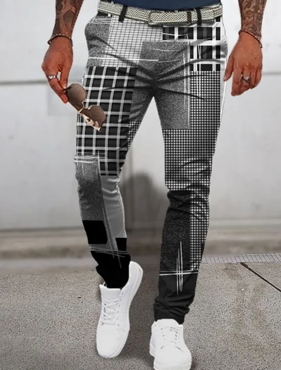 Outlet OUKU Plaid Geometry Casual Men's 3D Print Pants Trousers Outdoor Daily Wear Streetwear Polyester Blue Brown Green S M L Medium Waist Elasticity Pants