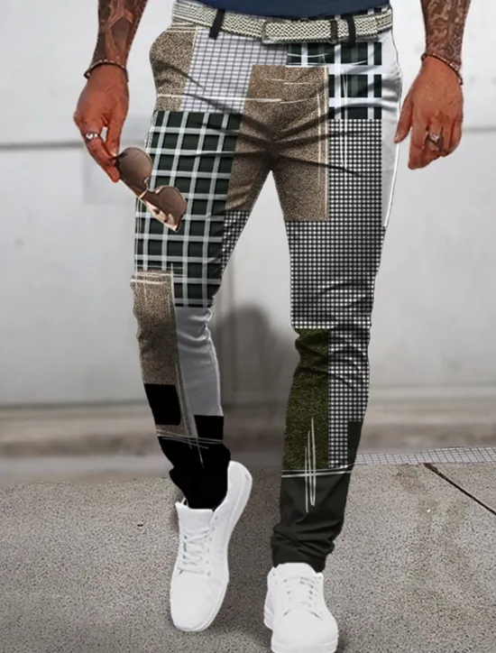 Outlet OUKU Plaid Geometry Casual Men's 3D Print Pants Trousers Outdoor Daily Wear Streetwear Polyester Blue Brown Green S M L Medium Waist Elasticity Pants