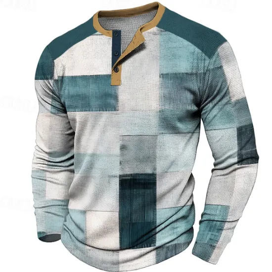 Discount OUKU Plaid Men's Fashion Casual 3D Printed Waffle Henley T Shirt Sports Outdoor Holiday Festival T shirt Blue Brown Dark Blue Long Sleeve Henley Shirt Spring & Fall Clothing
