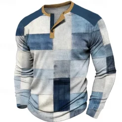 Discount OUKU Plaid Men's Fashion Casual 3D Printed Waffle Henley T Shirt Sports Outdoor Holiday Festival T shirt Blue Brown Dark Blue Long Sleeve Henley Shirt Spring & Fall Clothing