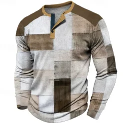 Discount OUKU Plaid Men's Fashion Casual 3D Printed Waffle Henley T Shirt Sports Outdoor Holiday Festival T shirt Blue Brown Dark Blue Long Sleeve Henley Shirt Spring & Fall Clothing