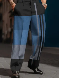 OUKU Plaid Stripe Geometry Business Casual Men's 3D Print Pants Trousers Outdoor Street Wear to work Polyester Blue Orange Khaki S M L High Elasticity Pants