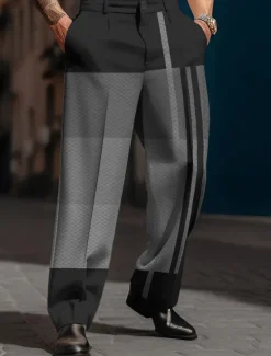 OUKU Plaid Stripe Geometry Business Casual Men's 3D Print Pants Trousers Outdoor Street Wear to work Polyester Blue Orange Khaki S M L High Elasticity Pants